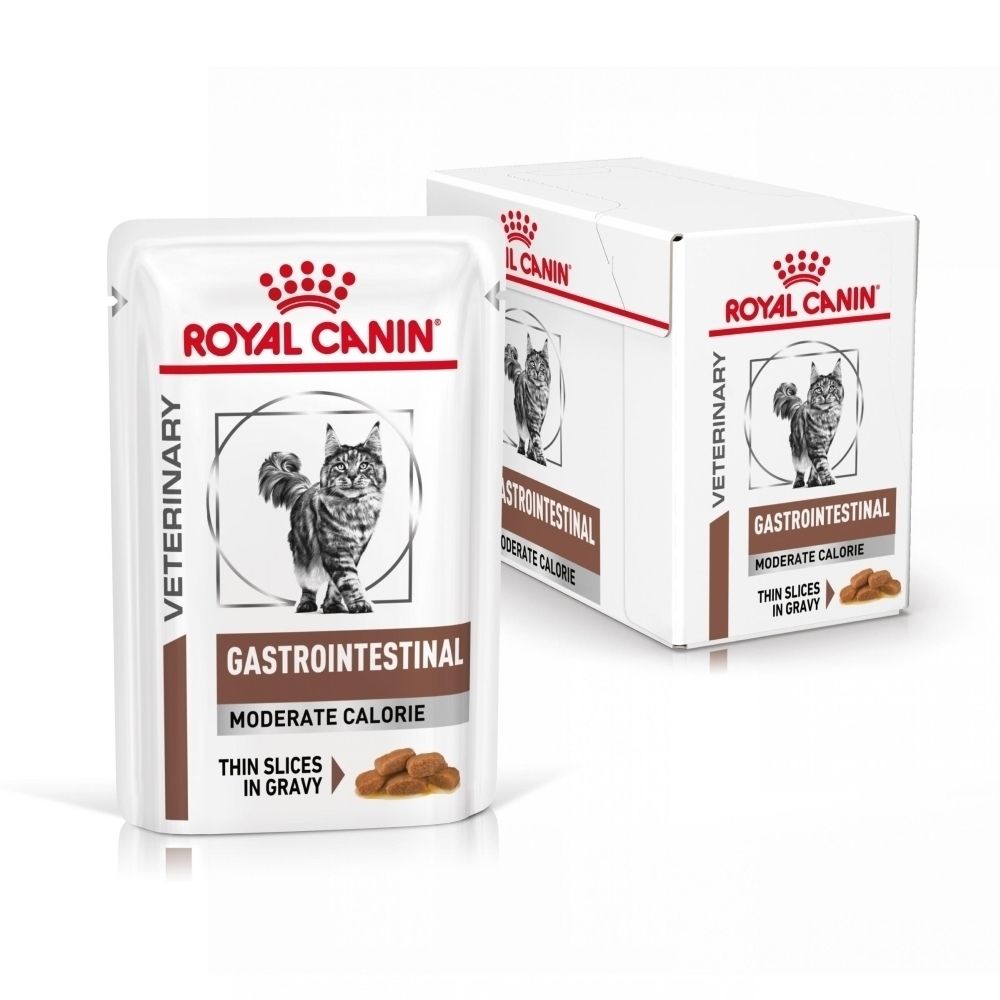 Boîte de 12 sachets Royal Canin Gastrointestinal Moderate Calorie.