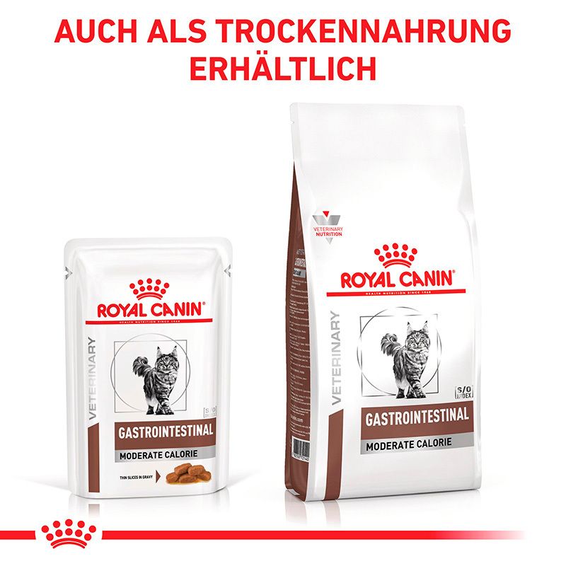 Zwei Royal Canin Veterinary Diät Futterpackungen: eine kleine Tüte und eine größere Tüte, beide für Katzen mit Magen-Darm-Problemen.