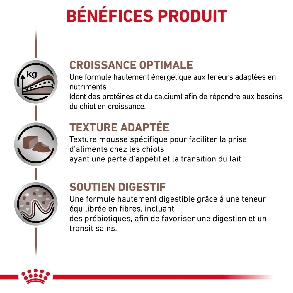 Avantages produit : Croissance optimale, texture adaptée, soutien digestif.