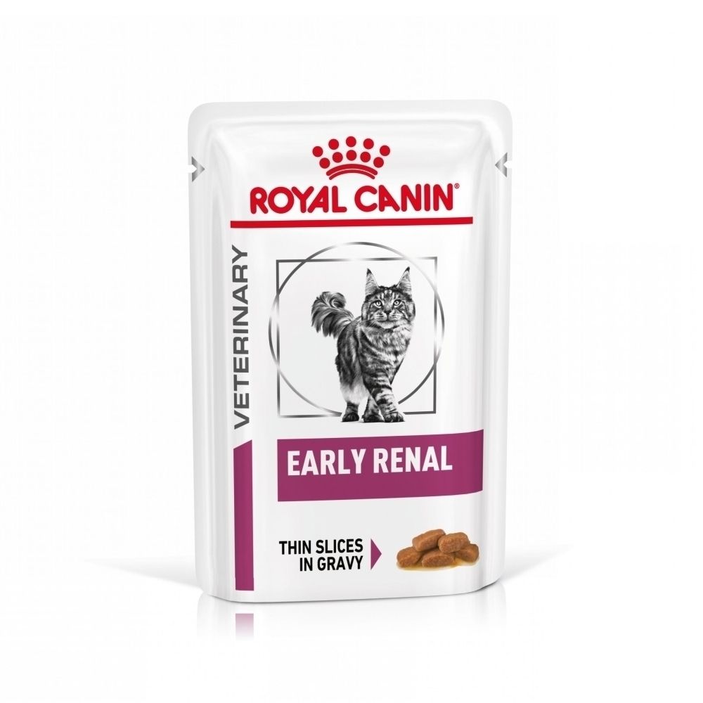 Un sachet individuel ROYAL CANIN Veterinary Feline Early Renal. Montre un chat, le nom du produit et des croquettes.