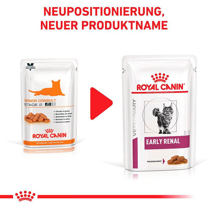 Zwei Royal Canin Futterbeutel nebeneinander. Links: Senior Consult Stage 2. Rechts: Veterinary Early Renal.