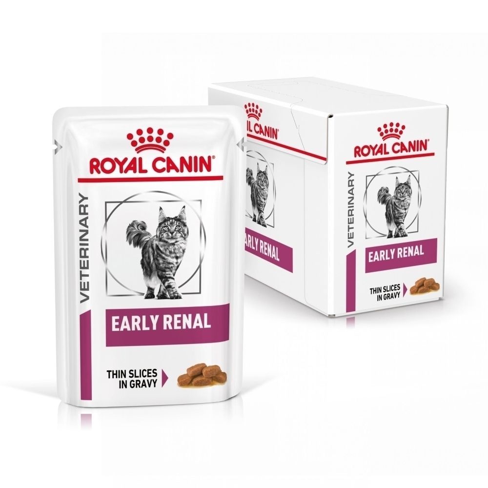 Image comparative : ROYAL CANIN Senior Consult Stage 2 devient Early Renal. Montre deux sachets et une flèche.