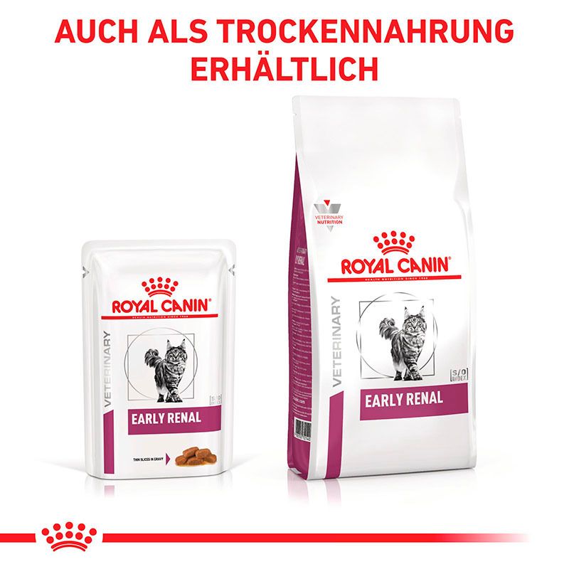 Royal Canin Early Renal Nassfutter Beutel und Trockenfutter Beutel mit Mandeln.