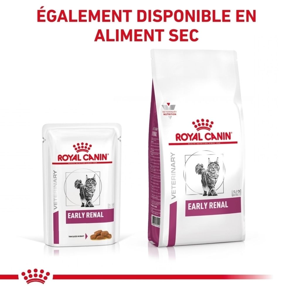 Emballages de ROYAL CANIN Veterinary Feline Early Renal nourriture humide en différentes tailles.