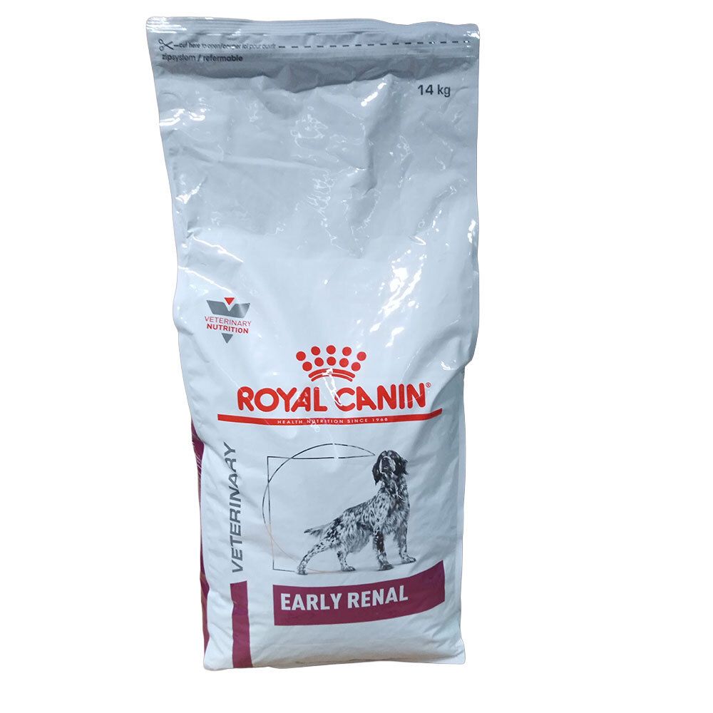 Rückseite eines 14 kg Beutels Royal Canin Veterinary Early Renal Hundefutter.