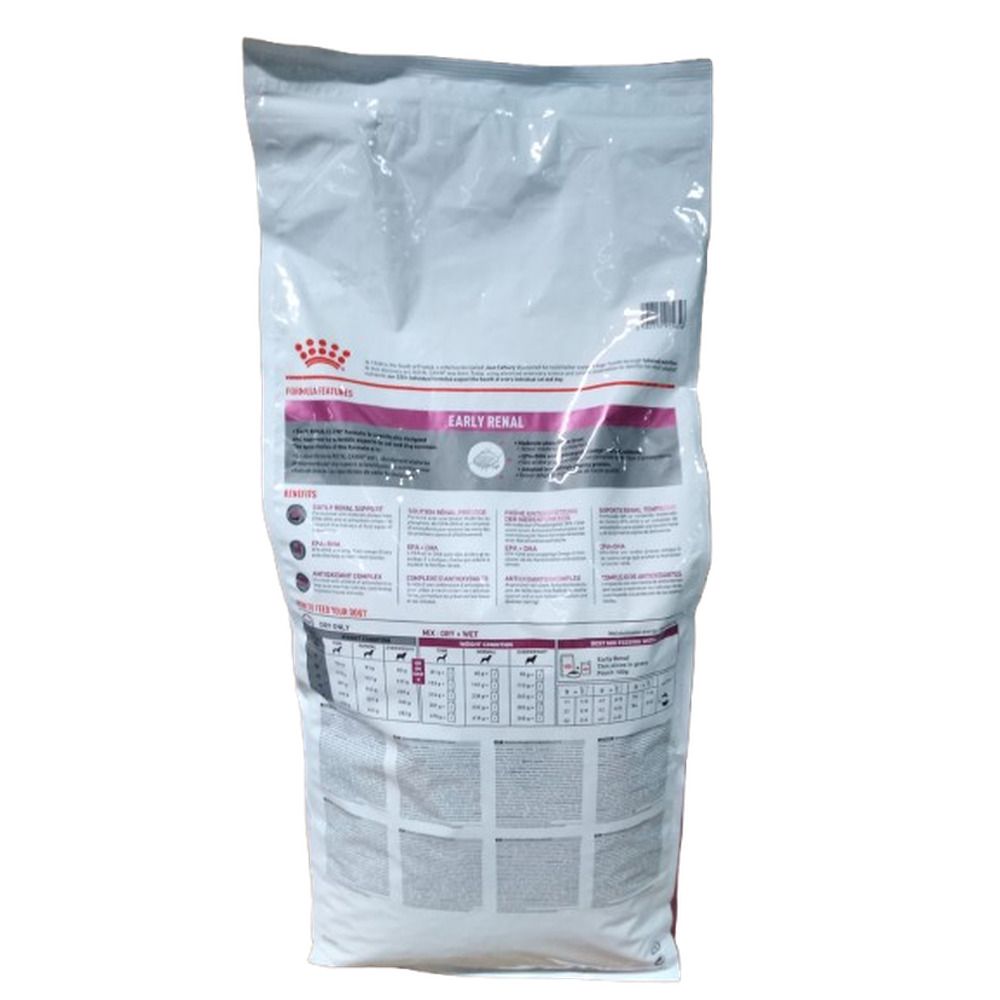 Vorderseite eines 14 kg Beutels Royal Canin Veterinary Early Renal Hundefutter mit Hundebild.