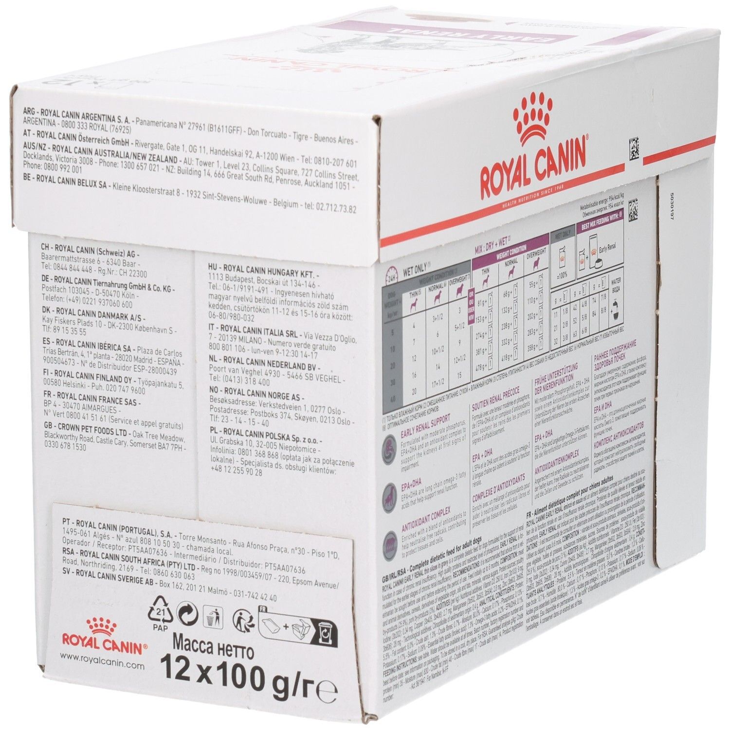 Royal Canin Veterinary Early Renal: Rückseite der Verpackung mit Adressliste und Nettofüllmenge.