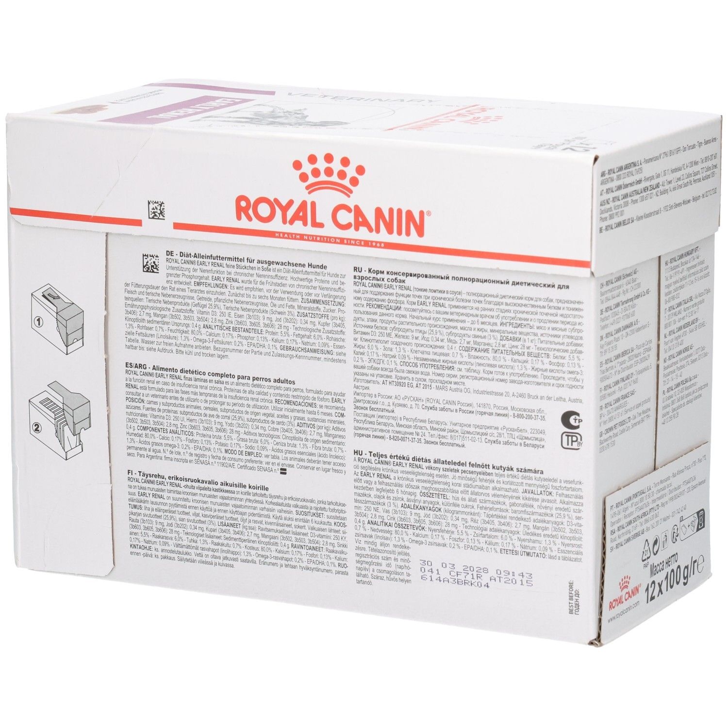 Royal Canin Veterinary Early Renal: Seitenansicht der Verpackung mit Produktvorteilen und Anwendungshinweisen.