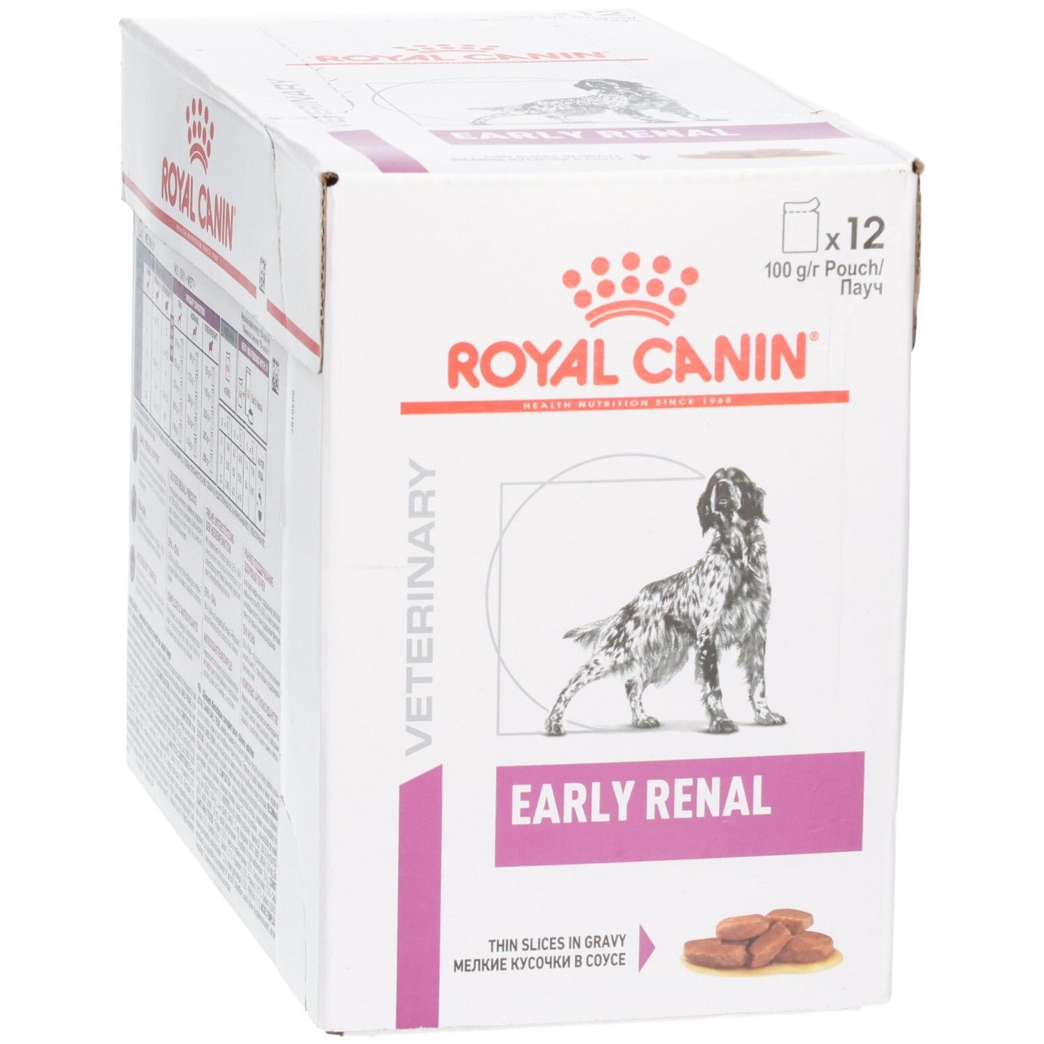 Royal Canin Veterinary Early Renal: Verpackung mit Hundebild, Produktbezeichnung und Abbildung der Futterstücke.
