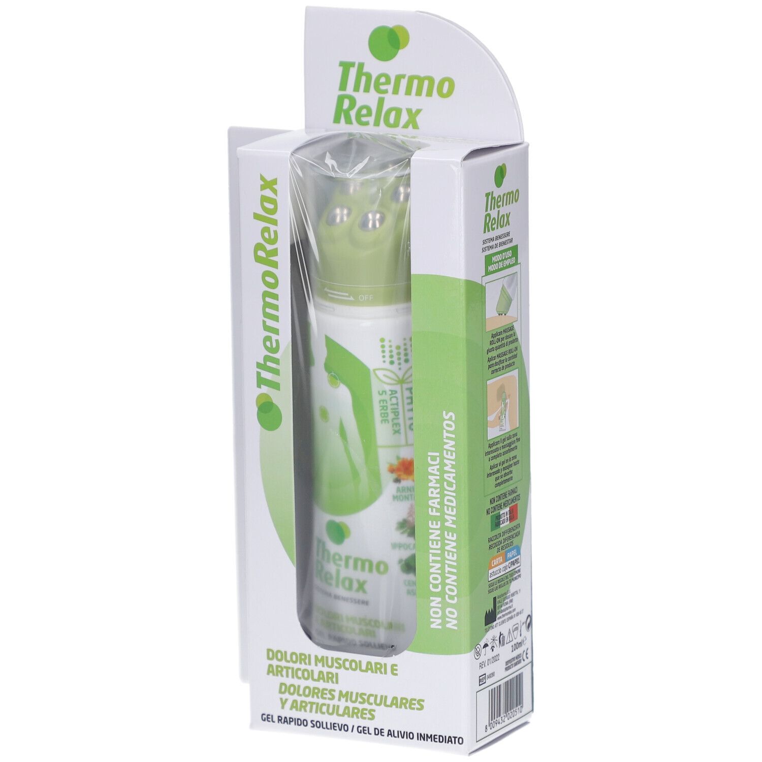 Verpackung von Thermo Relax Gel. Grün-weißes Design. Produkt in transparenter Hülle. Text: Dolori Muscolari e Articolari.