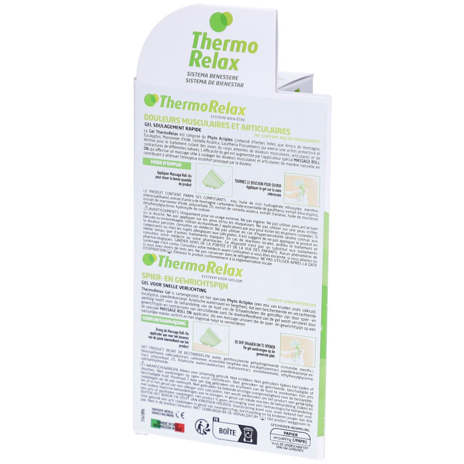 Rückseite der Thermo Relax Gel Verpackung. Grün-weißes Design. Text in mehreren Sprachen. Illustrationen.