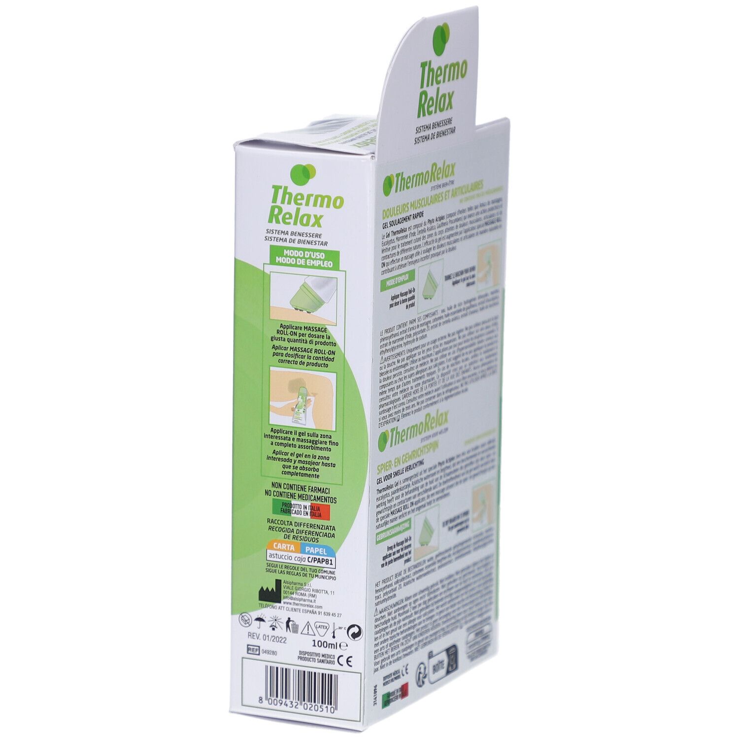 Seite der Thermo Relax Gel Verpackung. Grün-weißes Design. Text und Illustrationen. Informationen zur Anwendung.