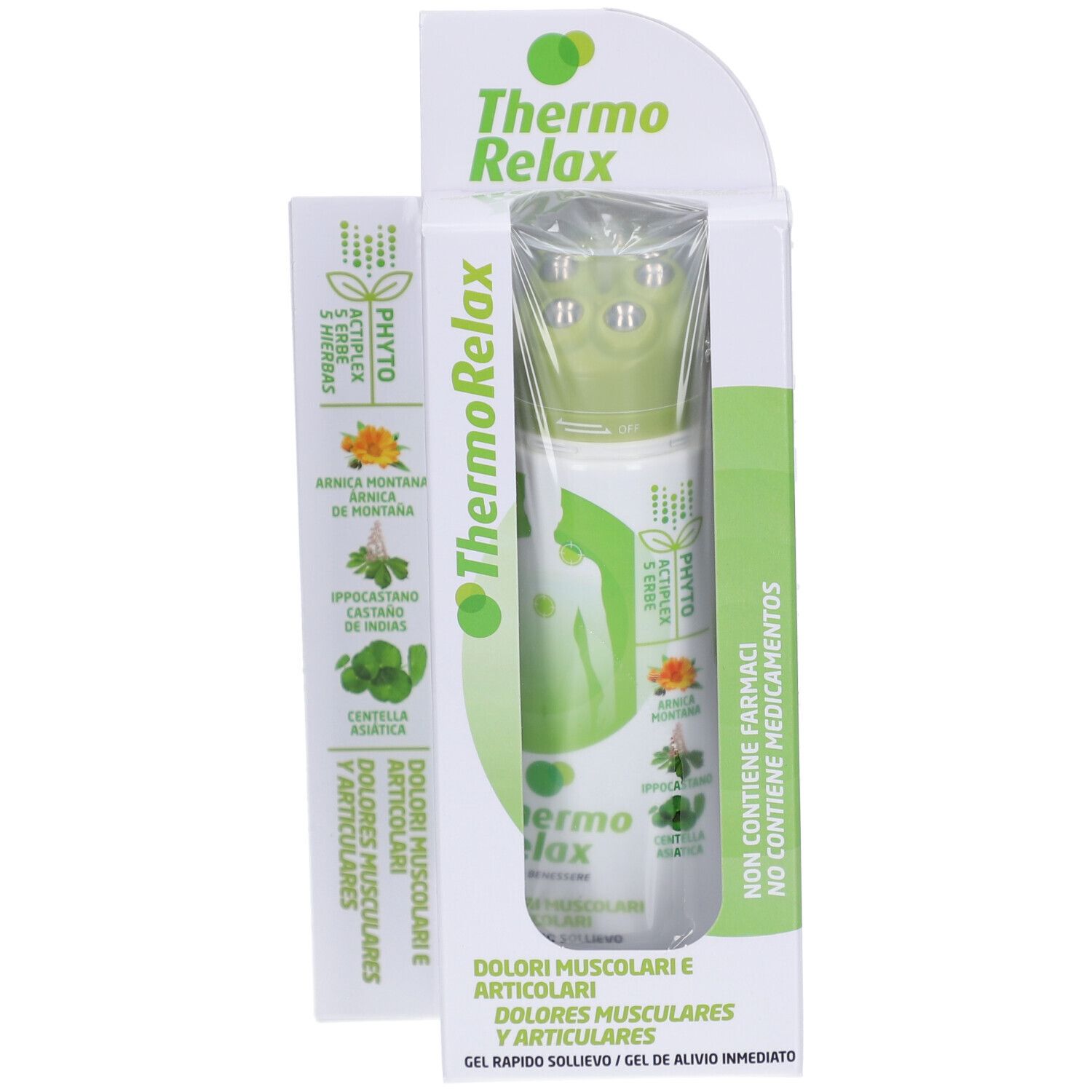 Thermo Relax Gel in Verpackung. Grün-weißes Design. Produkt in transparenter Hülle. Text: Dolori Muscolari e Articolari.