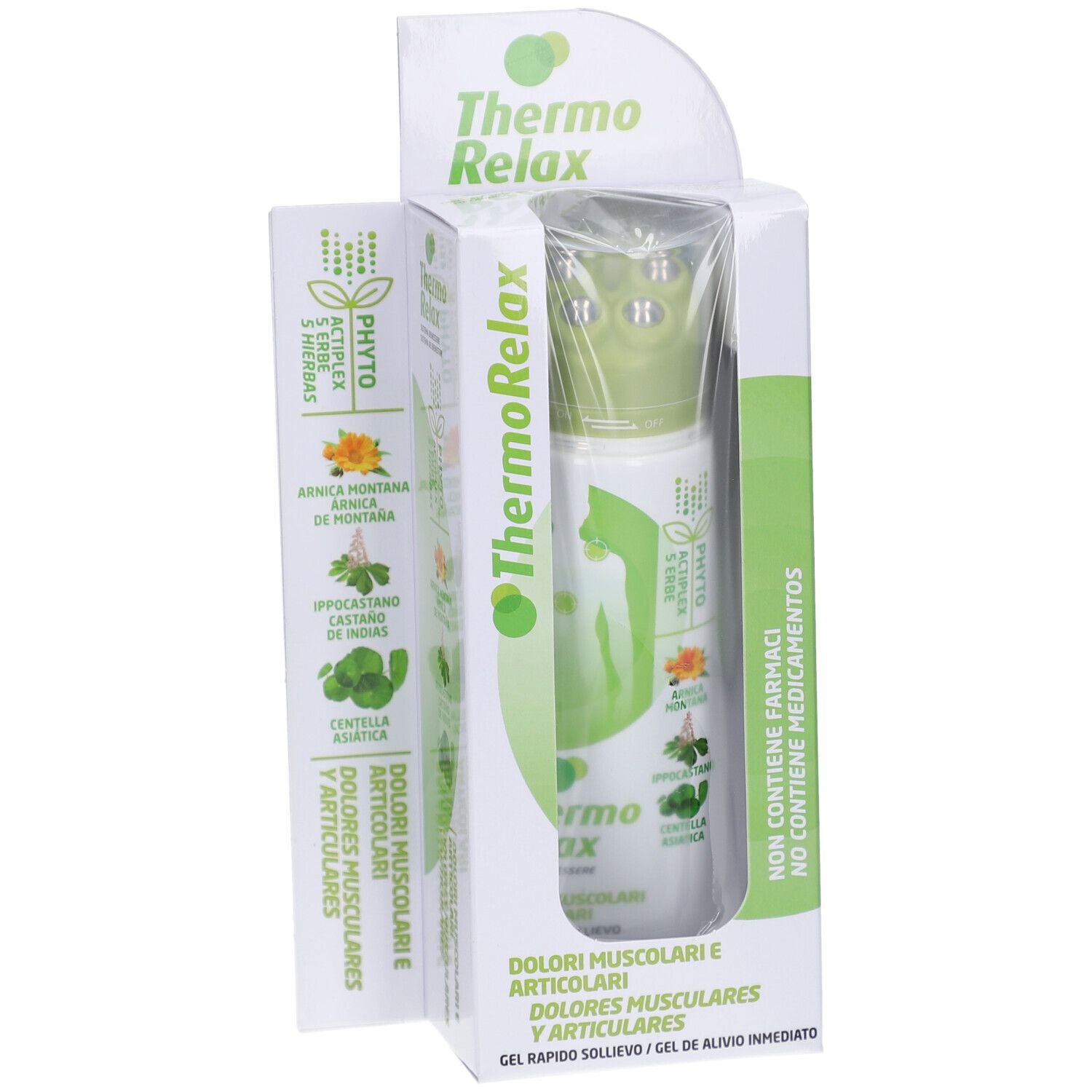 Thermo Relax Gel in Verpackung. Grün-weißes Design. Produkt in transparenter Hülle. Text: Dolori Muscolari e Articolari.