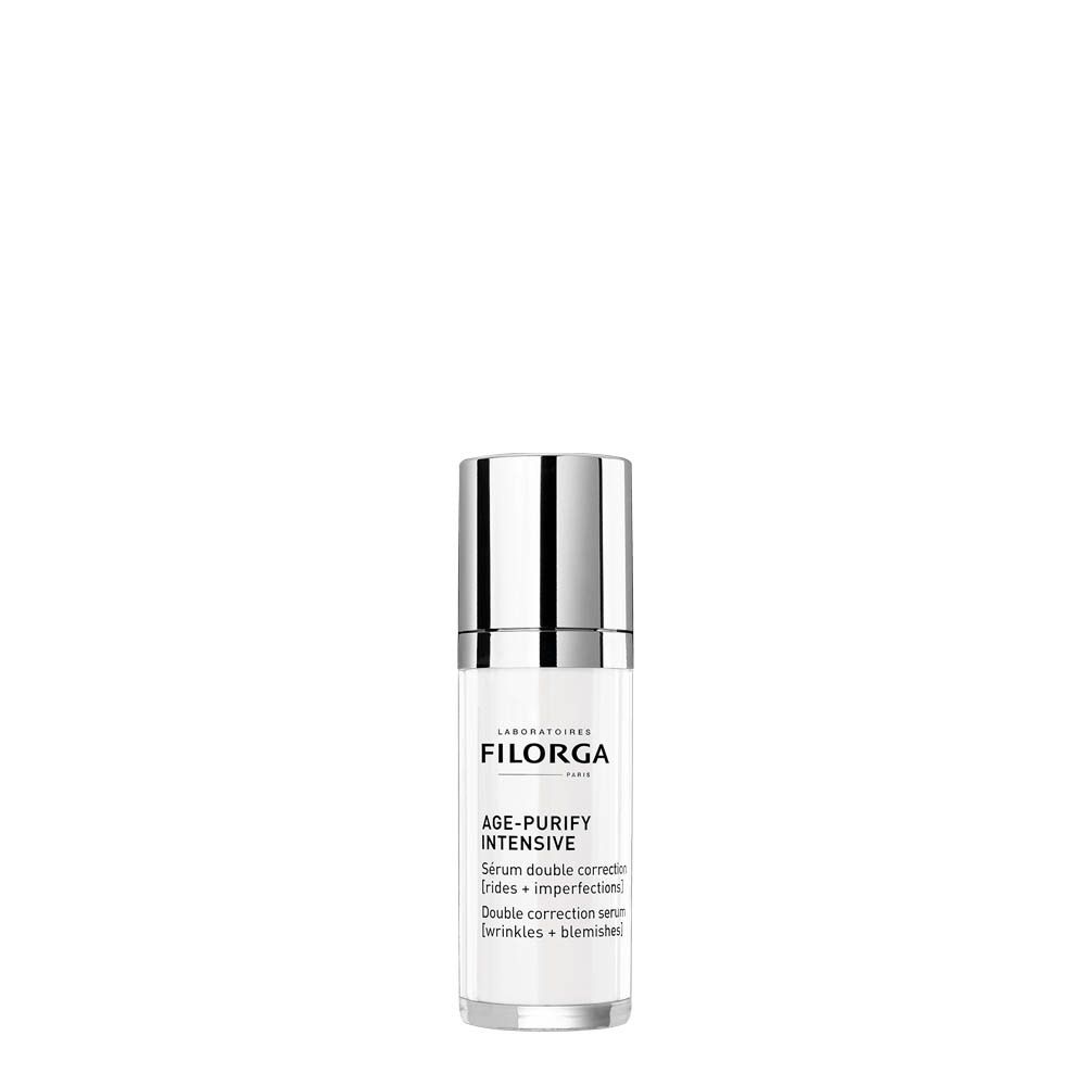 FILORGA Age-Purify Intense Serum-Flasche. Silberner Deckel, weißes Etikett. Text: Serum double correction.