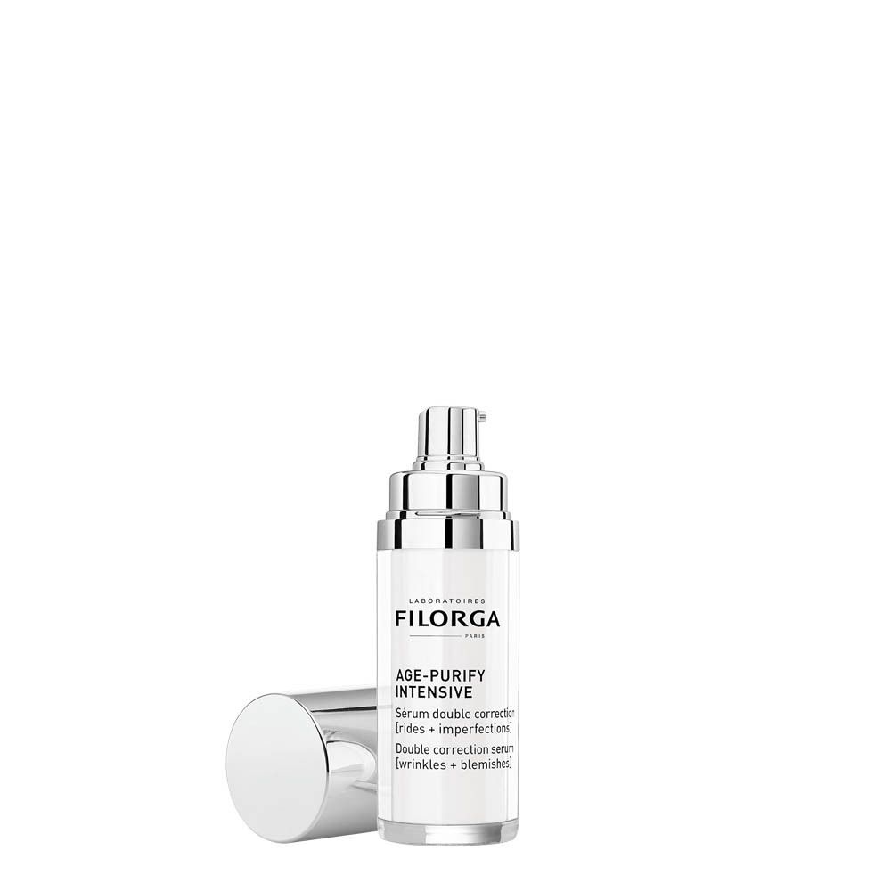 Flacon FILORGA Age-Purify Intense Serum. Bouchon argenté, étiquette blanche. Texte: Sérum double correction.