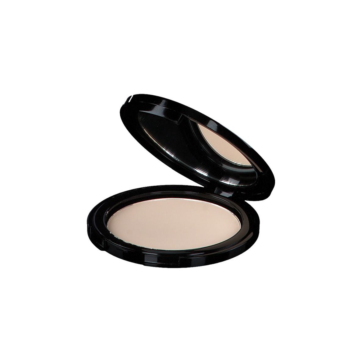 Boîtier noir rond ouvert avec miroir, contenant une poudre claire. Couvercle relevé.
