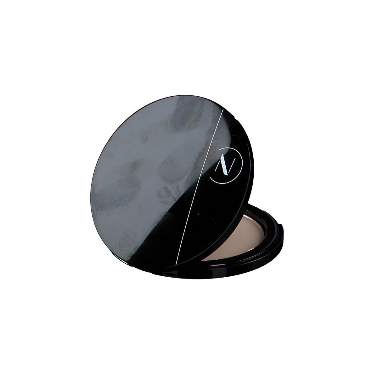Boîtier noir avec poudre claire, partiellement fermé. Logo blanc sur le couvercle.