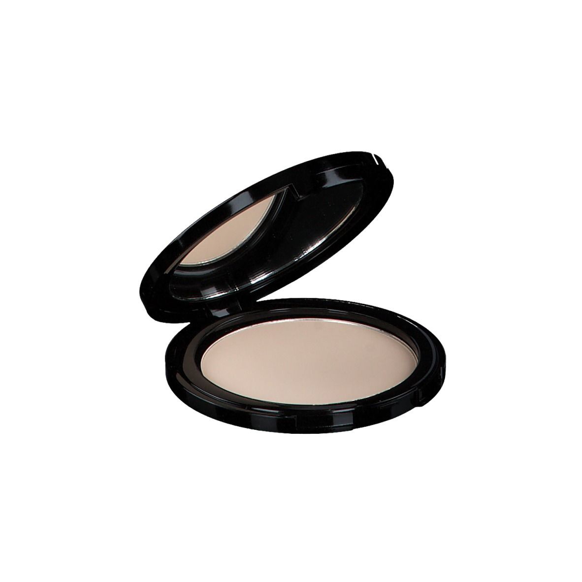 Boîtier noir rond ouvert avec miroir, contenant une poudre claire. Couvercle relevé.