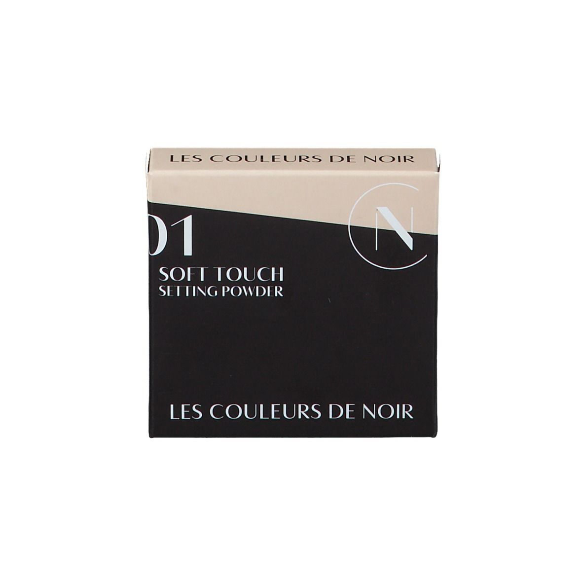 Boîte noire avec texte : Les Couleurs de Noir, Soft Touch Setting Powder et logo.