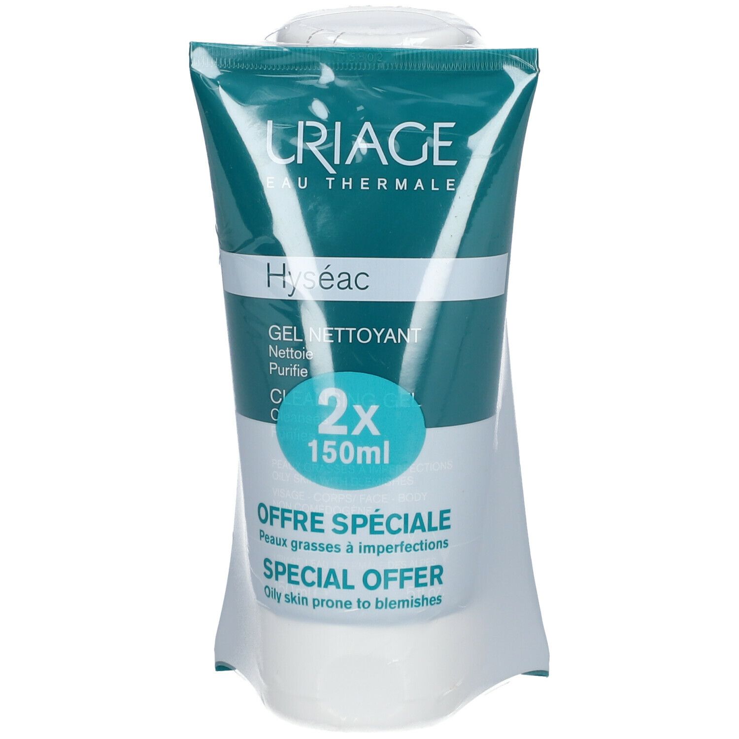Grünes Tuben-Gel in Folienverpackung. Aufschrift URIAGE, Hyséac, Gel Nettoyant. 2x150ml. Sonderangebot für unreine Haut.