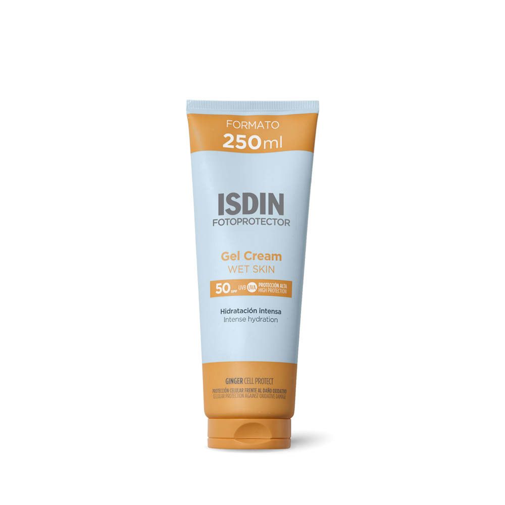 ISDIN Fotoprotector Gel Cream, 250ml. Tube avec informations produit. Face avant. Fond blanc.