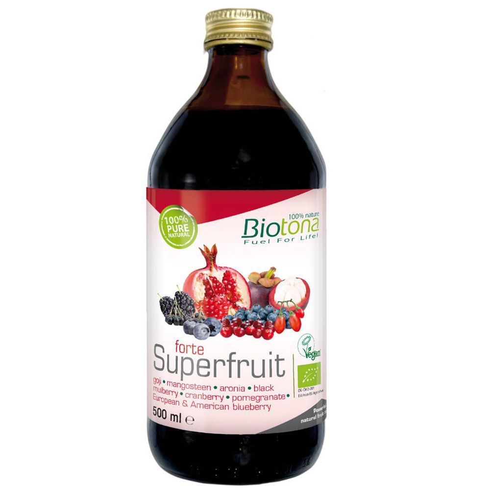 Bouteille en verre de liquide rouge foncé. Étiquette avec fruits, 'Biotona forte Superfruit' et '500 ml'.