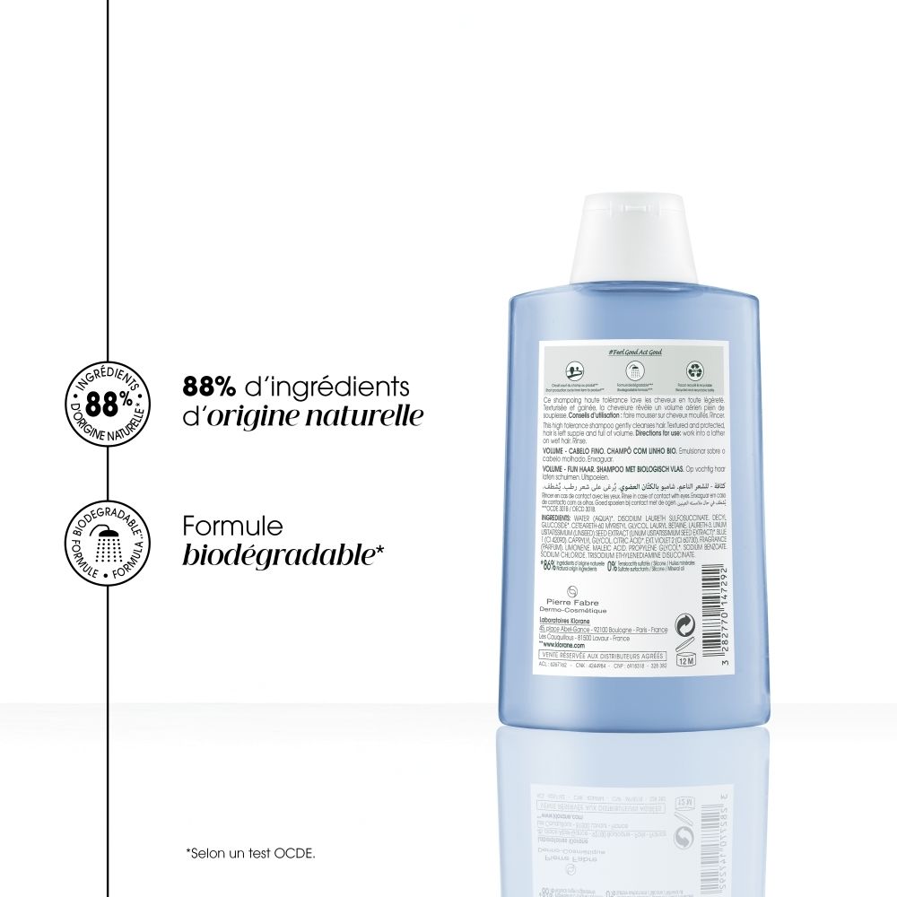 Bouteille de Shampooing Klorane BIO Lin Volume avec illustration de fleurs de lin et mention 'Volume, Shampooing gainant & volumisant'.
