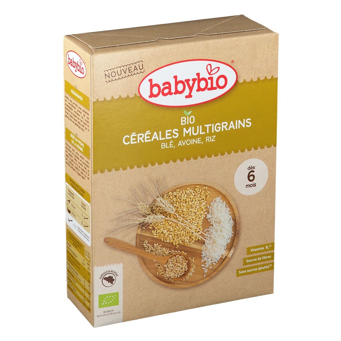 Boîte babybio® Bio Céréales Multigrains 6 mois. Contient blé, avoine, riz. Visuel de céréales. Label bio.