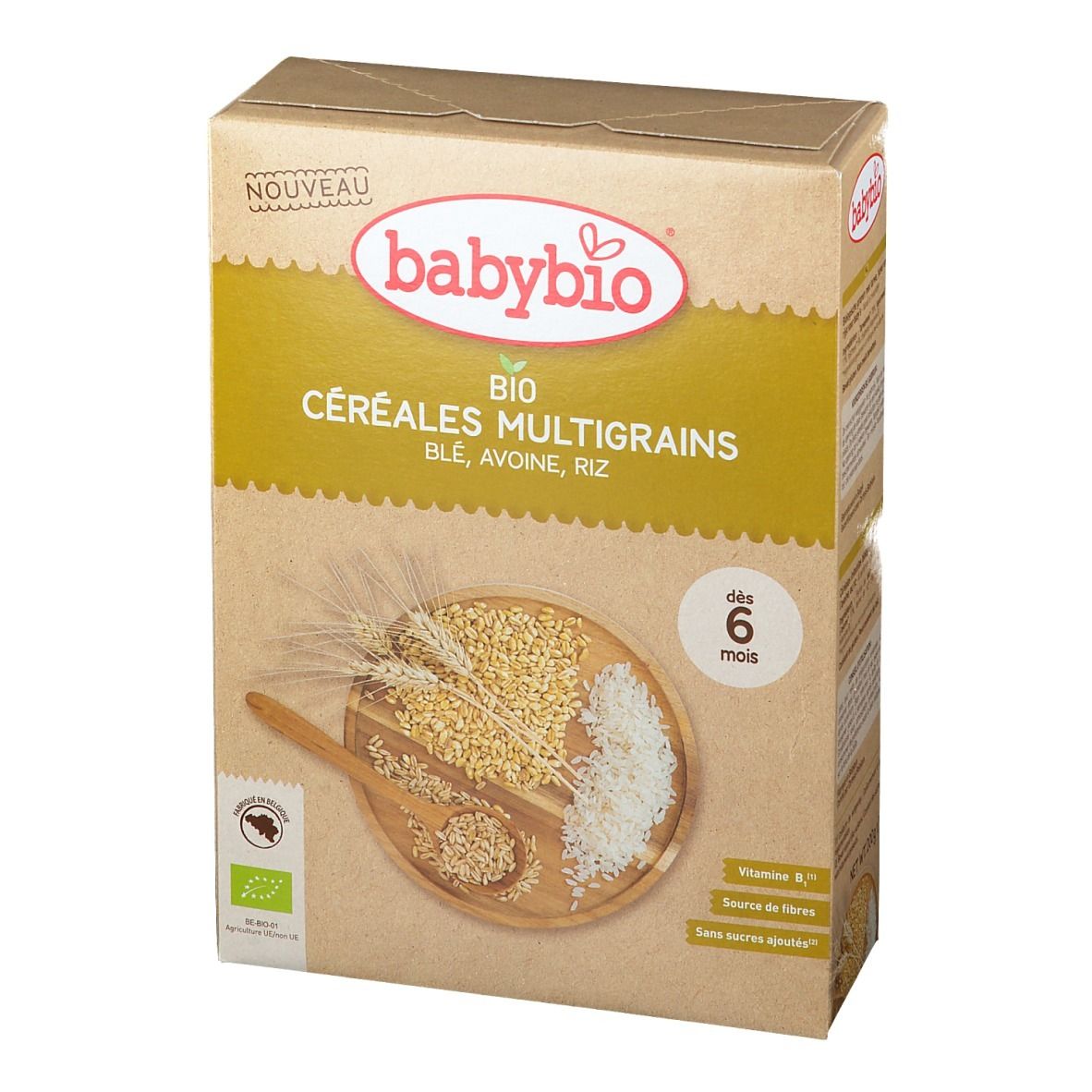 Boîte babybio® Bio Céréales Multigrains 6 mois. Contient blé, avoine, riz. Visuel de céréales. Label bio.