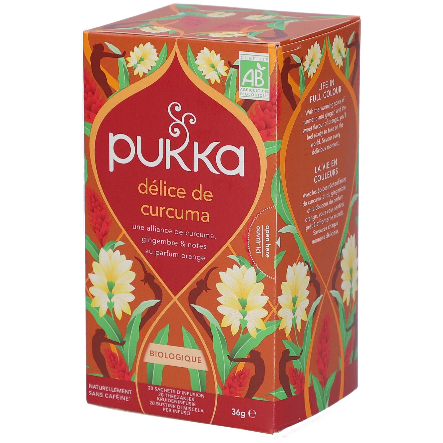Pukka-Verpackung mit Aufschrift "délice de curcuma". Orangefarbenes Design mit floralen Elementen und Bio-Siegel.