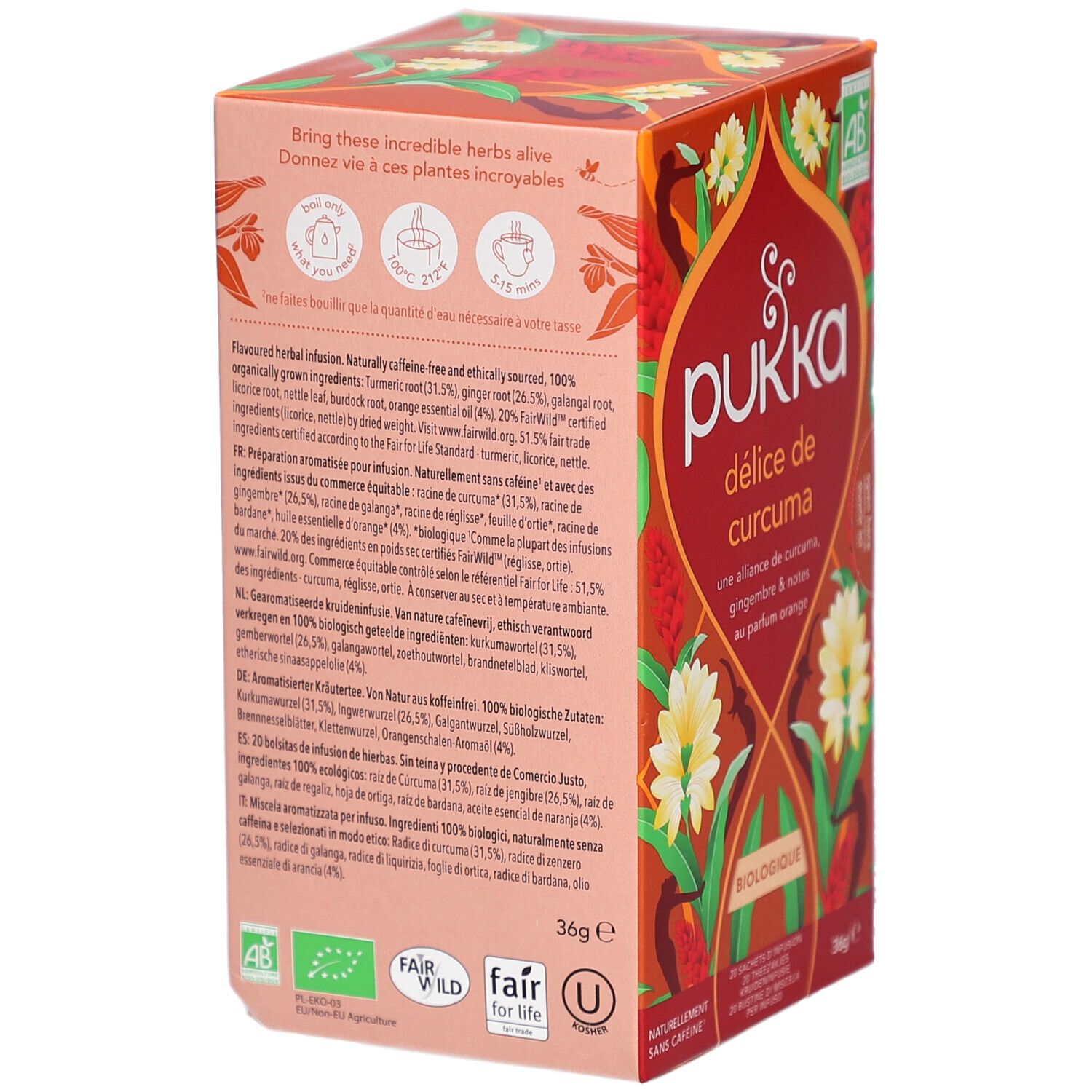 Rückseite der Pukka-Verpackung. Text mit Inhaltsstoffen und Zertifizierungen. FairWild und Fair for Life Siegel.