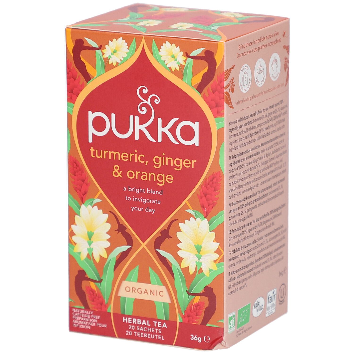 Pukka-Verpackung mit Aufschrift "turmeric, ginger & orange". Orangefarbenes Design mit floralen Elementen.
