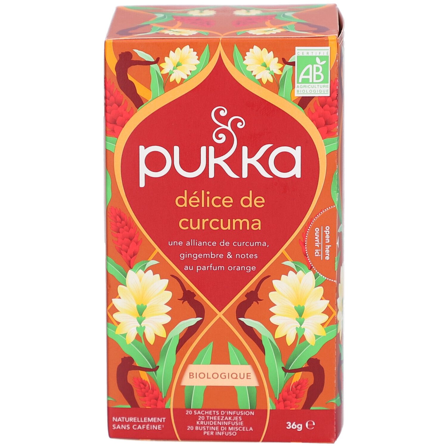 Pukka-Verpackung mit Aufschrift "délice de curcuma". Orangefarbenes Design mit floralen Elementen und Bio-Siegel.