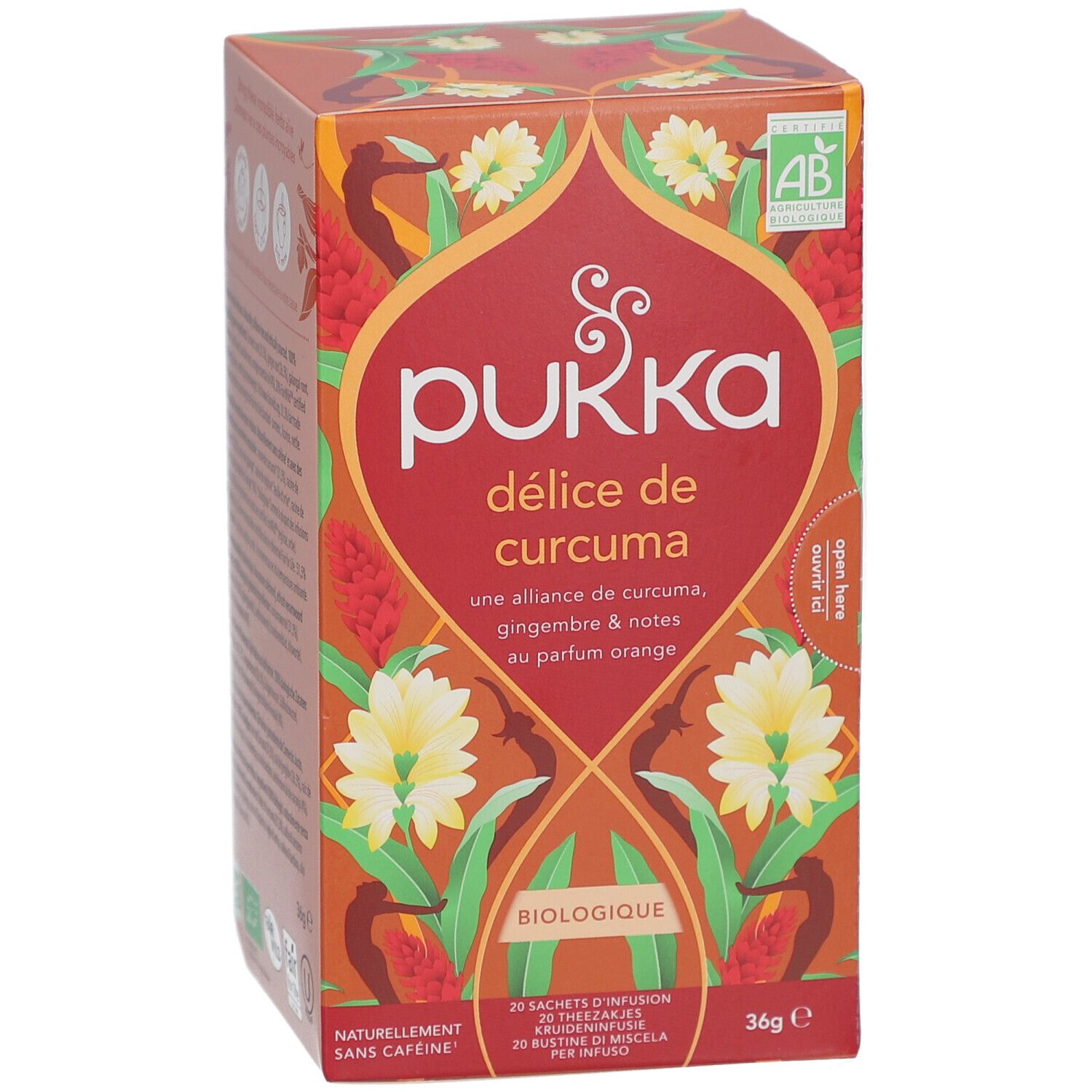 Pukka-Verpackung mit Aufschrift "délice de curcuma". Orangefarbenes Design mit floralen Elementen und Bio-Siegel.
