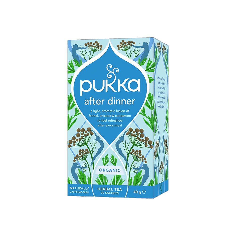 Pukka After Dinner Tee-Schachtel. Blaue Schachtel mit floralem Muster. Text: After Dinner, organic, 20 Teebeutel.