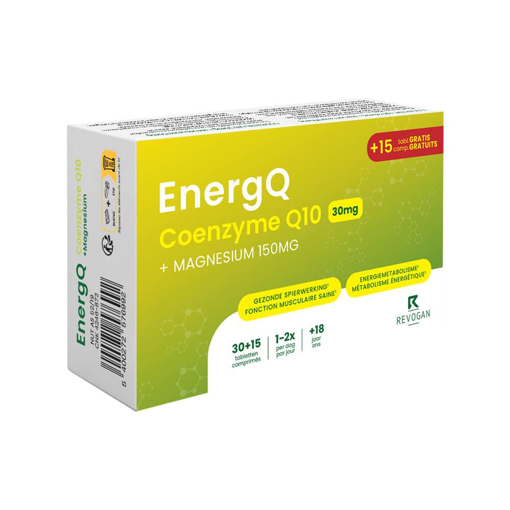 Schachtel EnergQ Coenzym Q10 + Magnesium. Grün-gelbes Design. Revogan Logo. Produktabbildung.