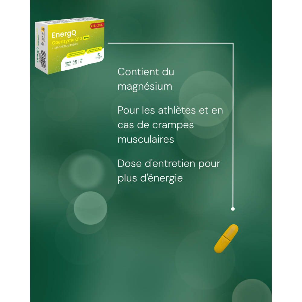 Graphique: Gélule jaune. Texte: Contient du magnésium. Pour les athlètes et en cas de crampes musculaires. Dose d'entretien.