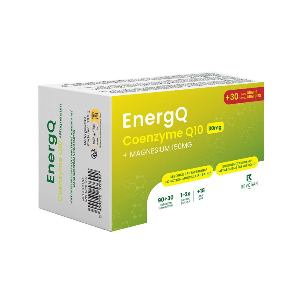 Produktverpackung: EnergQ Coenzym Q10 30mg + Magnesium 150mg. Grün-weiße Schachtel mit rotem Akzent.