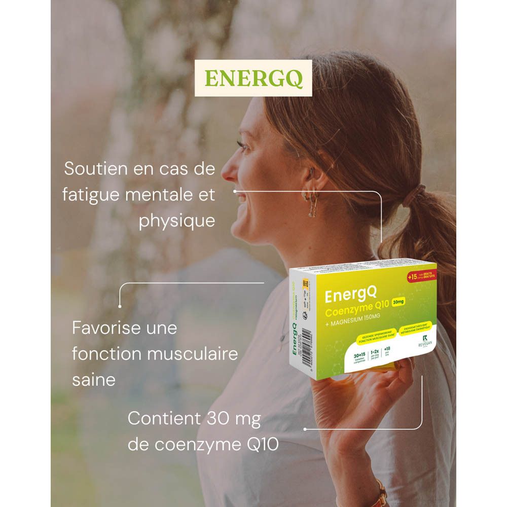 Femme avec produit. EnergQ Coenzyme Q10 30mg + Magnésium 150mg. Texte : Soutien en cas de fatigue mentale et physique.