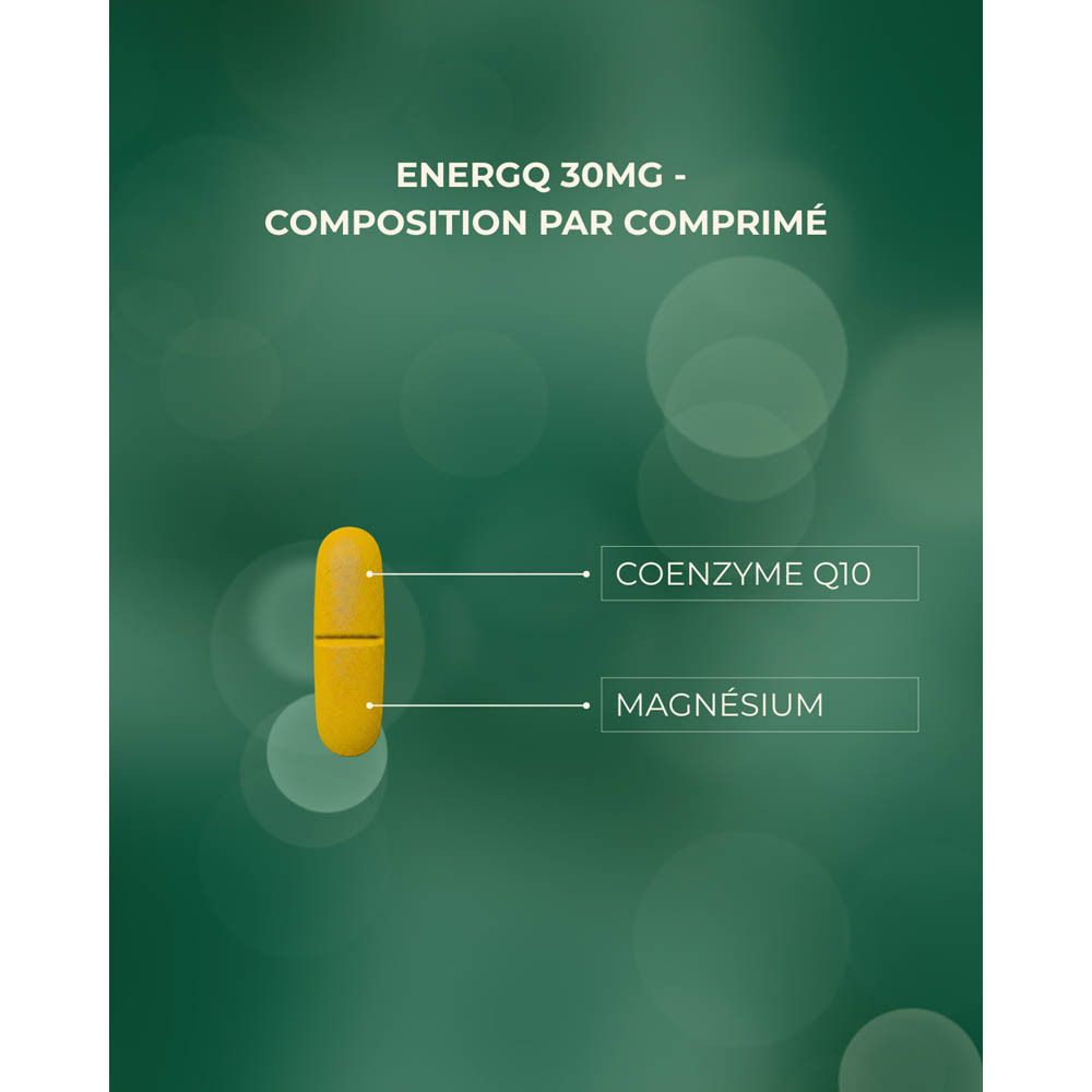 Graphique avec capsule jaune. Texte : EnergQ 30mg - Composition par comprimé. Coenzyme Q10, Magnésium.