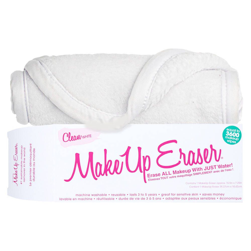 Make Up Eraser blanc et emballage. Emballage avec nom du produit et texte. Tissu roulé.