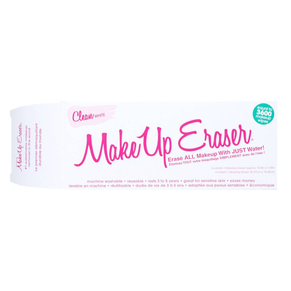Emballage avec le nom du produit Make Up Eraser. Texte: Erase ALL Makeup With JUST Water! Contient environ 3600 lingettes.