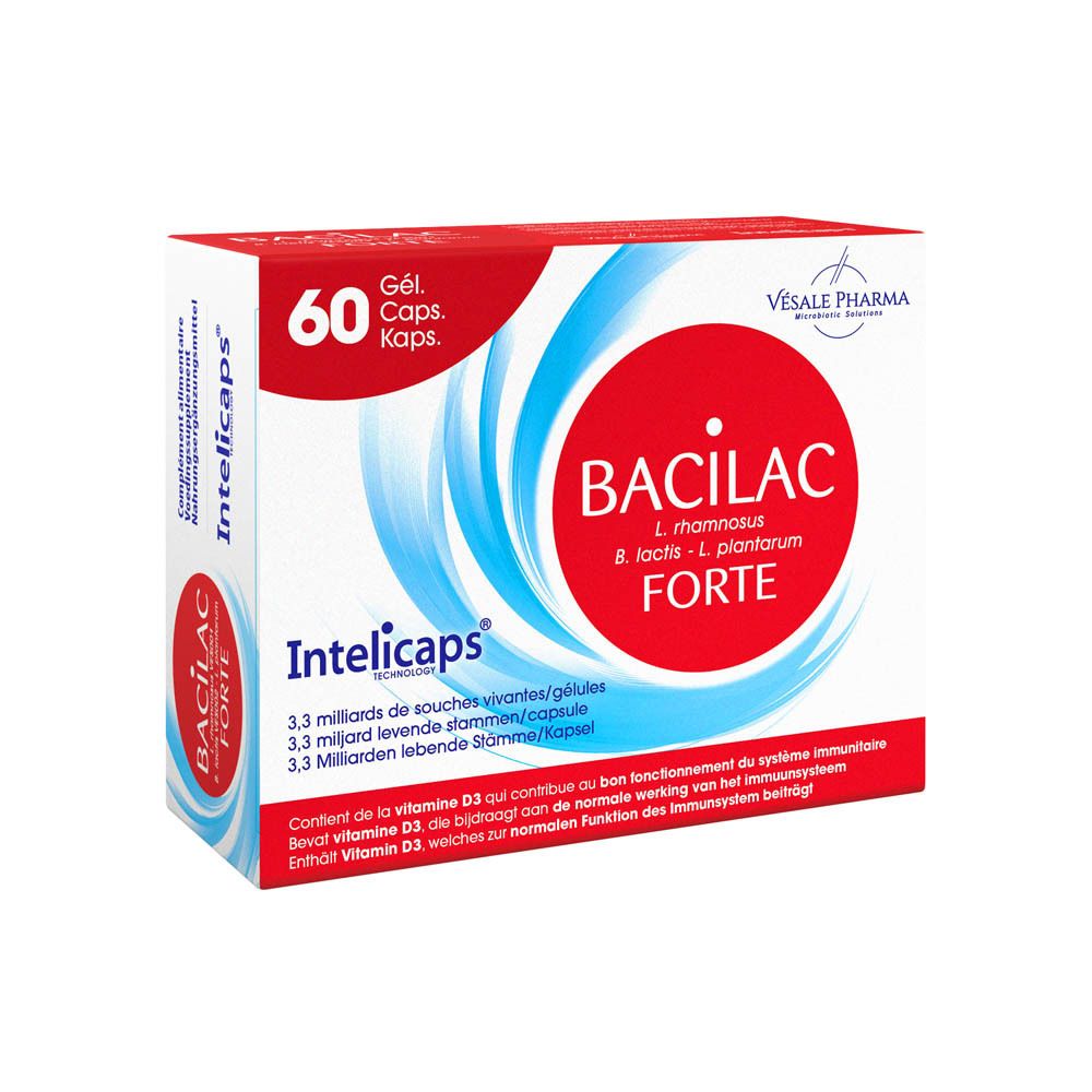 Boîte de Bacilac Forte Intelicaps. Emballage rouge et blanc avec nom et logo du produit. Contient 60 gélules.