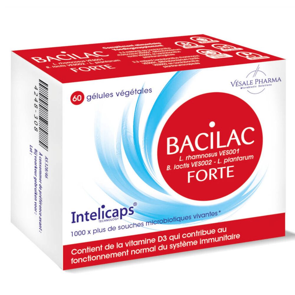 Boîte de "Bacilac Forte Intelicaps". Cercle rouge avec texte blanc. 60 gélules. Contient de la vitamine D3. Vesale Pharma.