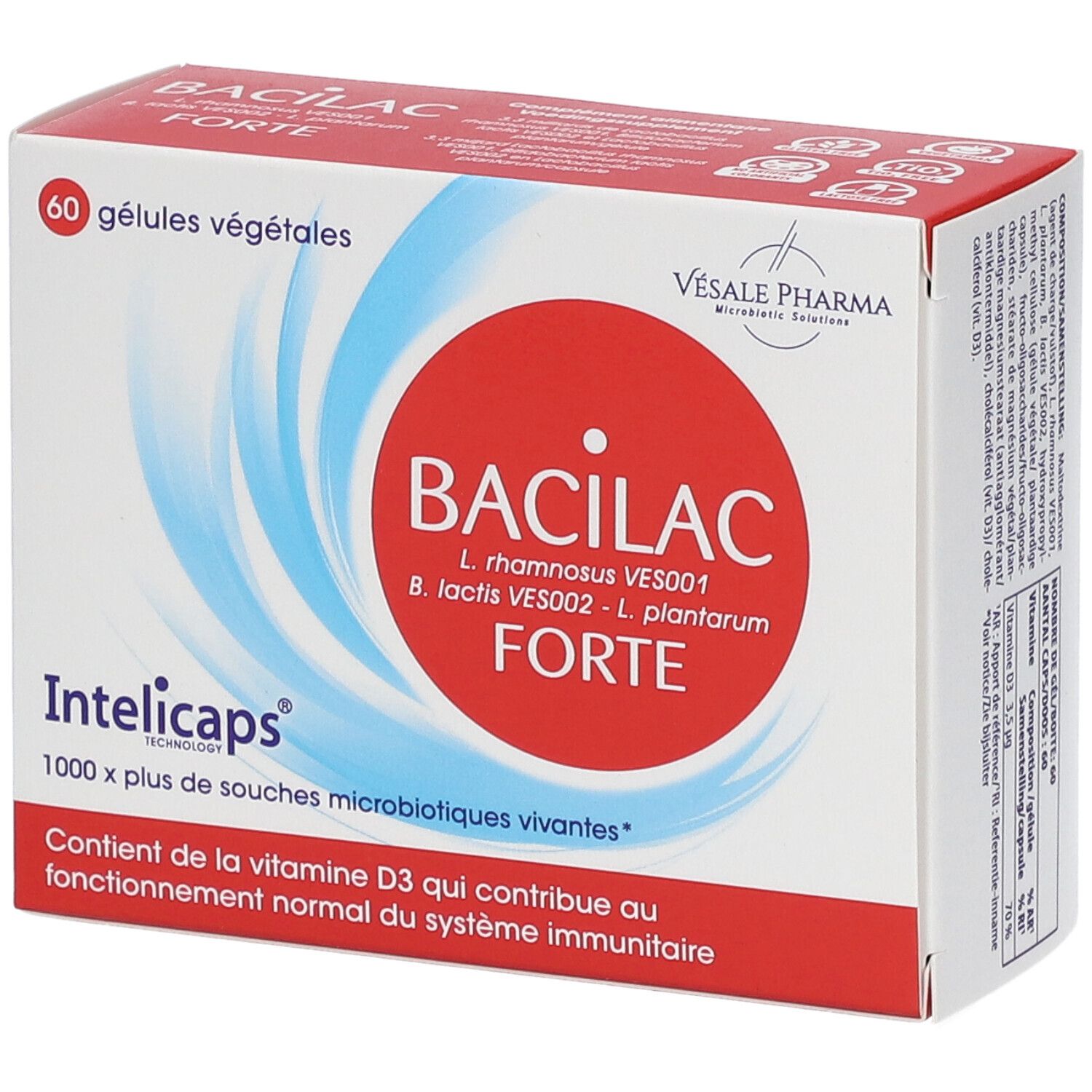 Schachtel "Bacilac Forte Intelicaps". Roter Kreis mit weißer Schrift. 60 Kapseln. Enthält Vitamin D3. Vesale Pharma.
