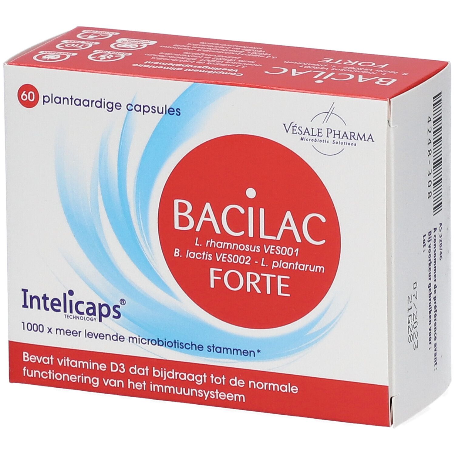Schachtel "Bacilac Forte Intelicaps". Roter Kreis mit weißer Schrift. 60 Kapseln. Enthält Vitamin D3. Vesale Pharma.