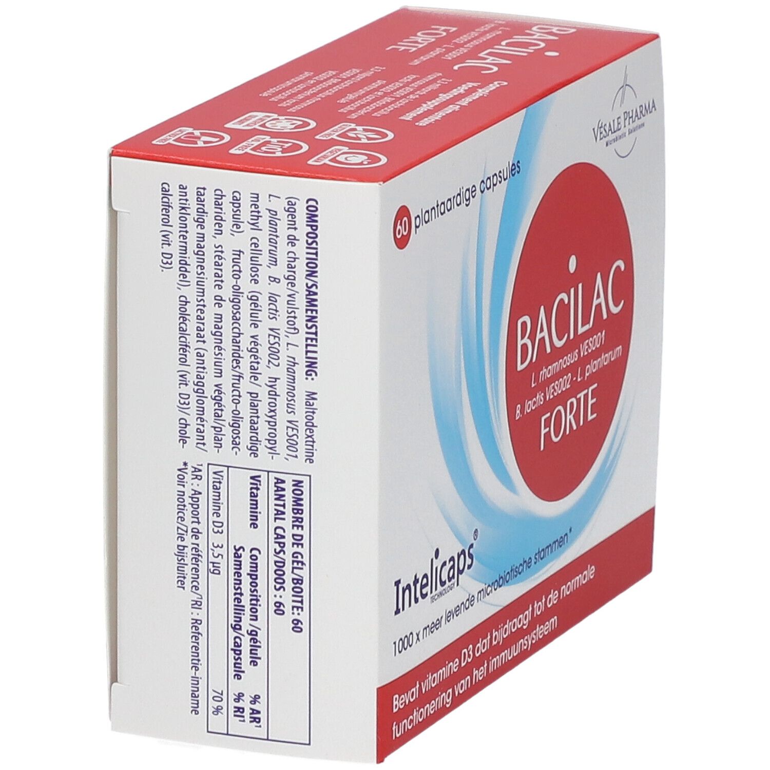 Schachtel "Bacilac Forte Intelicaps". Roter Kreis mit weißer Schrift. 60 Kapseln. Enthält Vitamin D3. Vesale Pharma. Inhaltsstoffe.