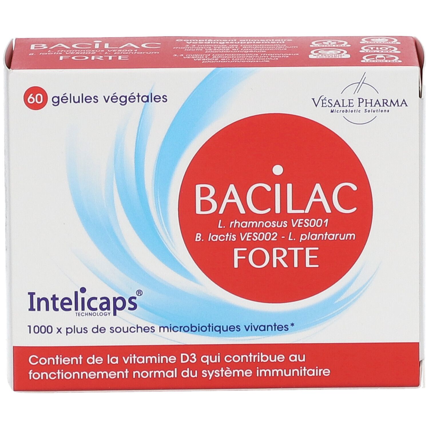 Schachtel "Bacilac Forte Intelicaps". Roter Kreis mit weißer Schrift. 60 Kapseln. Enthält Vitamin D3. Vesale Pharma.