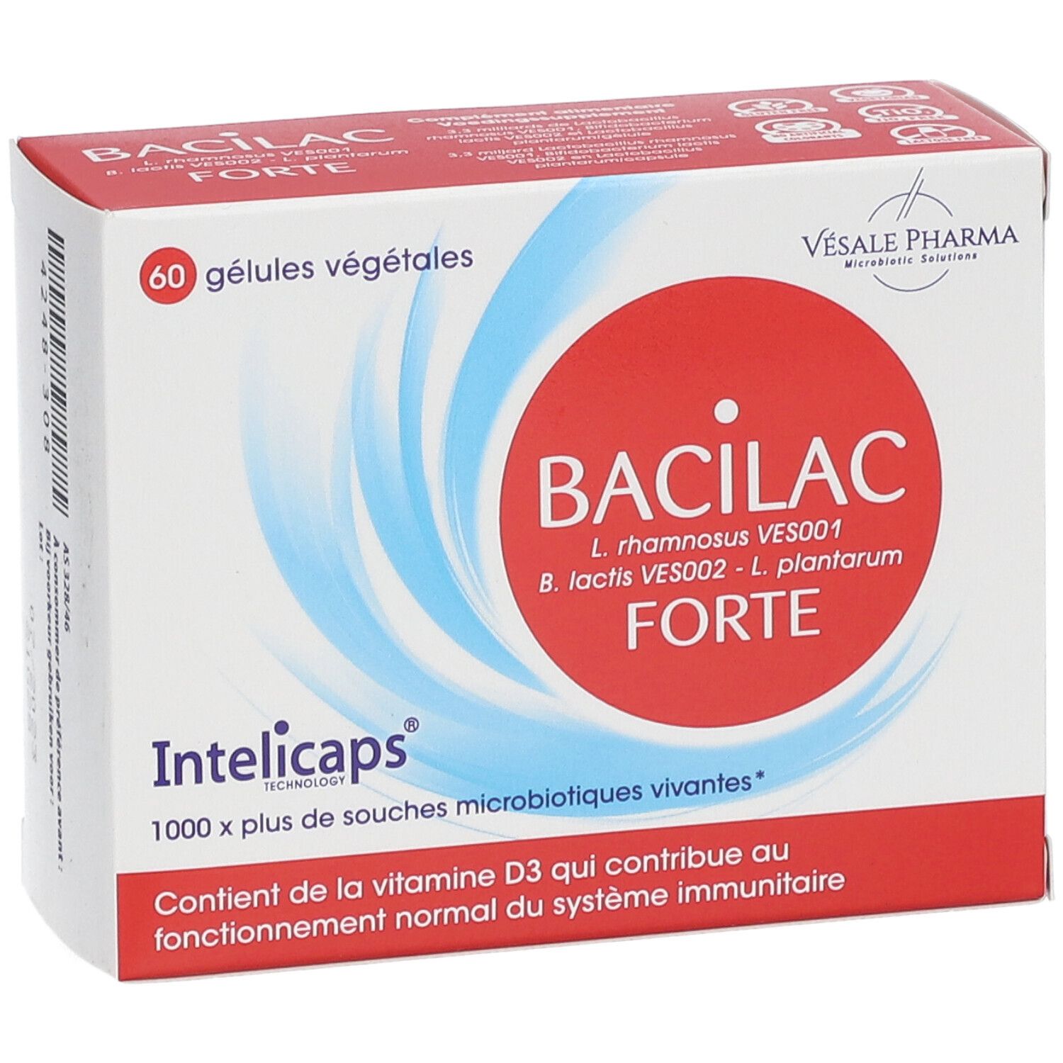Schachtel "Bacilac Forte Intelicaps". Roter Kreis mit weißer Schrift. 60 Kapseln. Enthält Vitamin D3. Vesale Pharma.